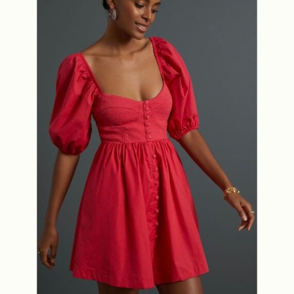 Anthropologie Dresses & Skirts - Anthropologie Red Puff-Sleeve Button Front Mini Dress